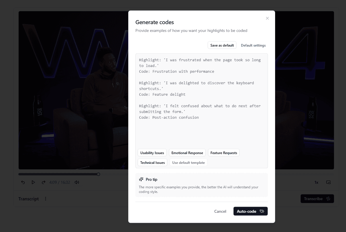 Thematic analysis dashboard showing AI-generated themes and sentiment analysis